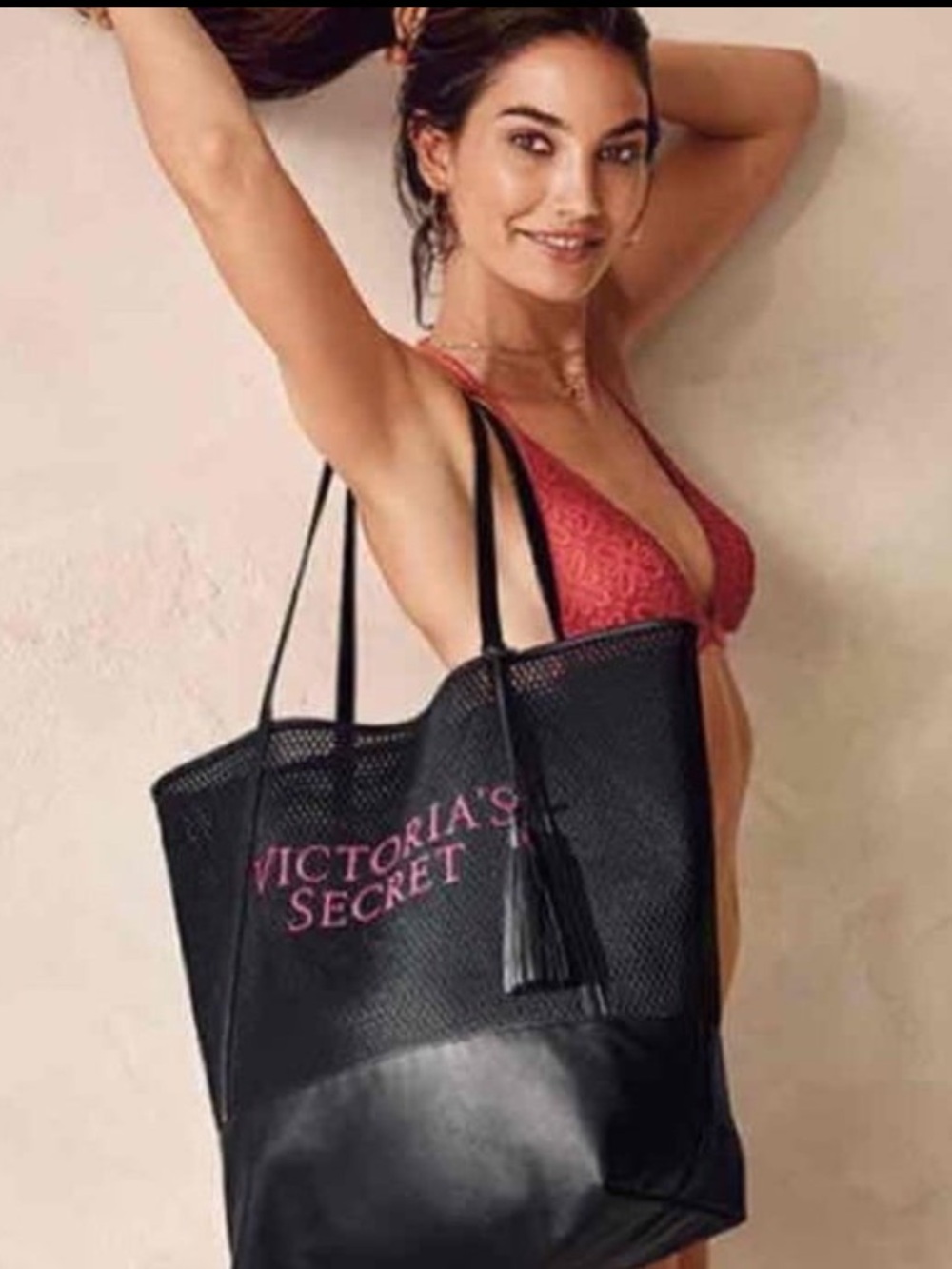 Victoria’s Secret Black Mesh Tote Bag NWT Pink Logo Beach Pool Travel